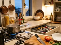Oggetti pericolosi e comuni in una cucina napoletana a luci calde, tra cui un fornello acceso con una pentola bollente, una bottiglia d'olio, un coltello su un tagliere con un pomodoro tagliato e basilico, e un cassetto aperto pieno di utensili misti.