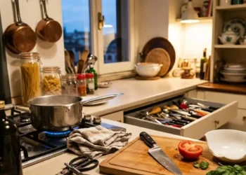 Rischio domestico e autenticità: Oggetti e pericoli comuni in cucina napoletana a luci calde Oggetti pericolosi e comuni in una cucina napoletana a luci calde, tra cui un fornello acceso con una pentola bollente, una bottiglia d'olio, un coltello su un tagliere con un pomodoro tagliato e basilico, e un cassetto aperto pieno di utensili misti.
