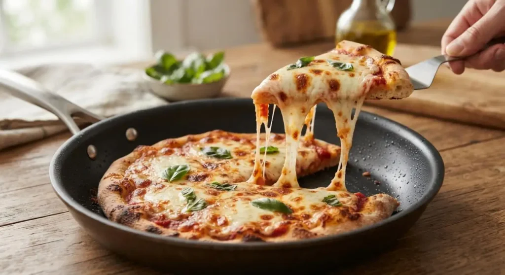 Fetta di pizza in padella senza lievito filante sollevata con una paletta da cucina, con mozzarella fusa e basilico fresco.