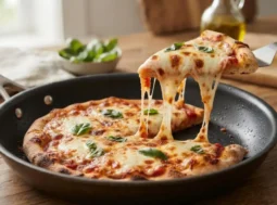 Pizza veloce in padella senza lievito pronta in 10 minuti Fetta di pizza in padella senza lievito filante sollevata con una paletta da cucina, con mozzarella fusa e basilico fresco.