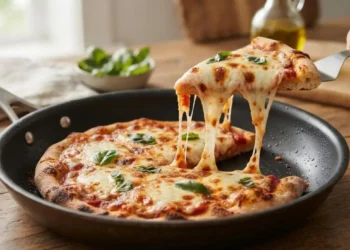 Pizza veloce in padella senza lievito pronta in 10 minuti Fetta di pizza in padella senza lievito filante sollevata con una paletta da cucina, con mozzarella fusa e basilico fresco.