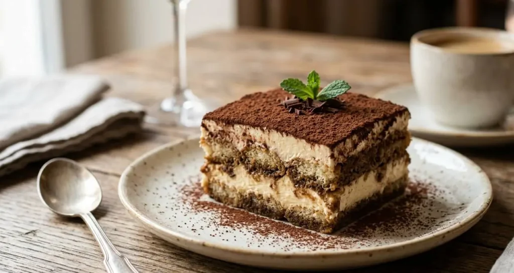 Una porzione quadrata di tiramisù classico servita su un piatto, con strati ben definiti di crema al mascarpone e savoiardi, spolverata di cacao e guarnita con menta.