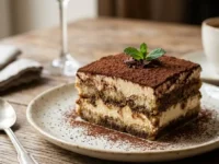 Una porzione quadrata di tiramisù classico servita su un piatto, con strati ben definiti di crema al mascarpone e savoiardi, spolverata di cacao e guarnita con menta.