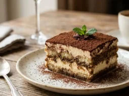 Porzione di tiramisù classico fatto in casa Una porzione quadrata di tiramisù classico servita su un piatto, con strati ben definiti di crema al mascarpone e savoiardi, spolverata di cacao e guarnita con menta.
