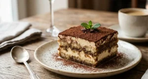 Porzione di tiramisù classico fatto in casa Una porzione quadrata di tiramisù classico servita su un piatto, con strati ben definiti di crema al mascarpone e savoiardi, spolverata di cacao e guarnita con menta.