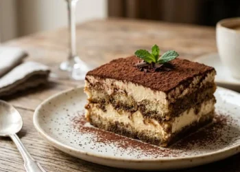 Una porzione quadrata di tiramisù classico servita su un piatto, con strati ben definiti di crema al mascarpone e savoiardi, spolverata di cacao e guarnita con menta.