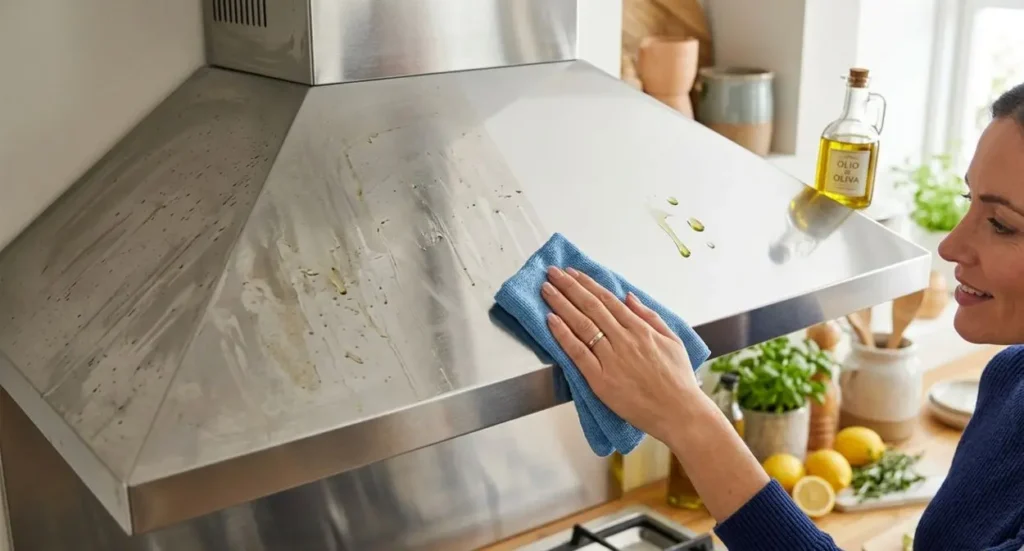 Trucco per lucidare la cappa in acciaio satinato Confronto prima e dopo della pulizia di una cappa in acciaio satinato in cucina con un panno e olio d'oliva.