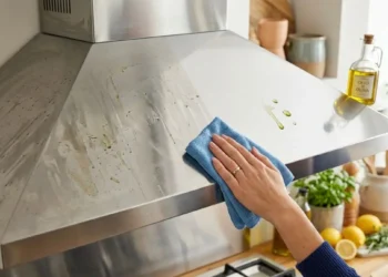 Trucco per lucidare la cappa in acciaio satinato Confronto prima e dopo della pulizia di una cappa in acciaio satinato in cucina con un panno e olio d'oliva.