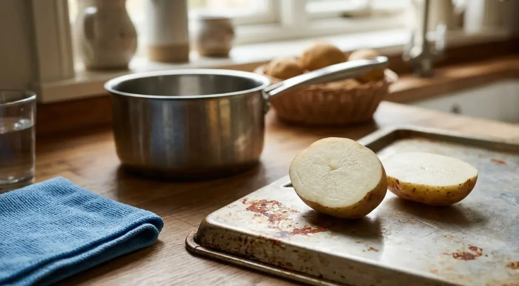 Una patata tagliata a metà posizionata su una teglia da forno con macchie di ruggine, accanto a una pentola in acciaio e un panno in microfibra su un piano cucina in legno.