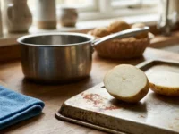 Una patata tagliata a metà posizionata su una teglia da forno con macchie di ruggine, accanto a una pentola in acciaio e un panno in microfibra su un piano cucina in legno.