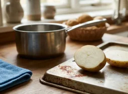 Trucchi di pulizia ecologica con la patata Una patata tagliata a metà posizionata su una teglia da forno con macchie di ruggine, accanto a una pentola in acciaio e un panno in microfibra su un piano cucina in legno.