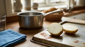 Una patata tagliata a metà posizionata su una teglia da forno con macchie di ruggine, accanto a una pentola in acciaio e un panno in microfibra su un piano cucina in legno.