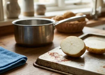 Trucchi di pulizia ecologica con la patata Una patata tagliata a metà posizionata su una teglia da forno con macchie di ruggine, accanto a una pentola in acciaio e un panno in microfibra su un piano cucina in legno.