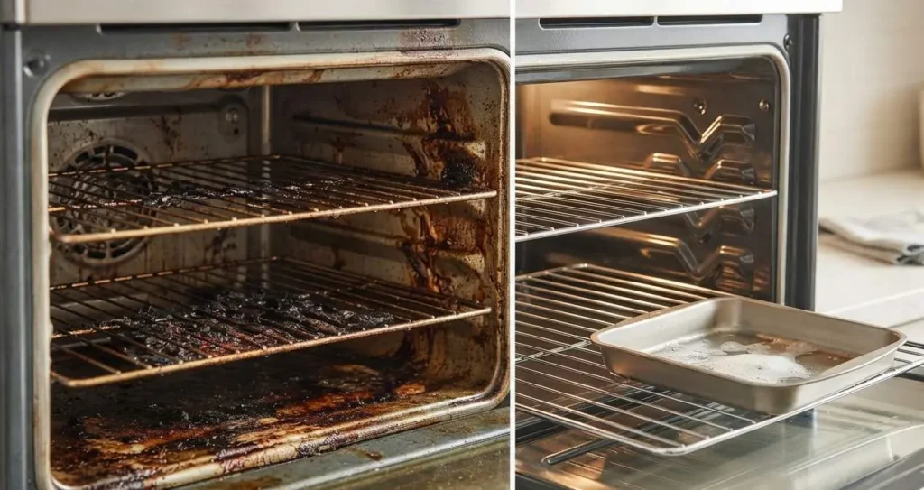 Forno prima e dopo la pulizia con una teglia e una pastiglia per lavastoviglie