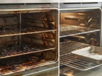 Forno prima e dopo la pulizia con una teglia e una pastiglia per lavastoviglie