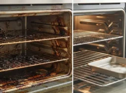 Forno prima e dopo la pulizia con una teglia e una pastiglia per lavastoviglie