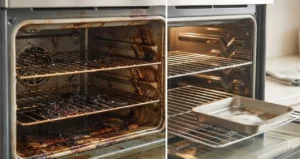 Forno prima e dopo la pulizia con una teglia e una pastiglia per lavastoviglie