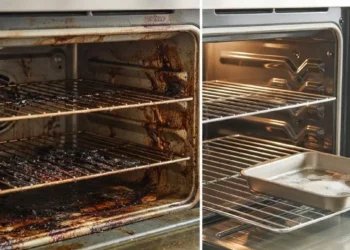 Forno prima e dopo la pulizia con una teglia e una pastiglia per lavastoviglie