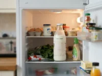 Frigorifero aperto con una bottiglia di latte in primo piano e ripiani con cibo