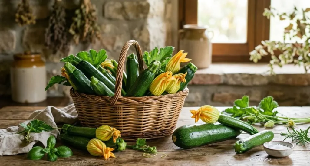 ricetta-con-zucchine-veloce-ingredienti Cesto di vimini con zucchine fresche di stagione e fiori di zucca su un tavolo in legno