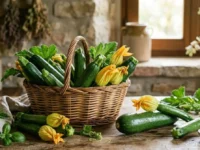 Cesto di vimini con zucchine fresche di stagione e fiori di zucca su un tavolo in legno
