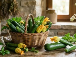 Cesto di vimini con zucchine fresche di stagione e fiori di zucca su un tavolo in legno