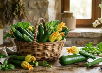 ricetta-con-zucchine-veloce-ingredienti Cesto di vimini con zucchine fresche di stagione e fiori di zucca su un tavolo in legno