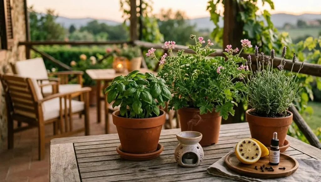 rimedi-naturali-contro-zanzare-terrazzo Piante aromatiche e oli essenziali su un tavolo in legno in terrazzo come rimedi naturali contro le zanzare.