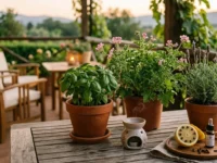 Piante aromatiche e oli essenziali su un tavolo in legno in terrazzo come rimedi naturali contro le zanzare.