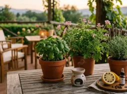 Piante aromatiche e oli essenziali su un tavolo in legno in terrazzo come rimedi naturali contro le zanzare.