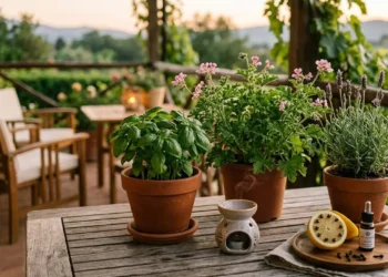 rimedi-naturali-contro-zanzare-terrazzo Piante aromatiche e oli essenziali su un tavolo in legno in terrazzo come rimedi naturali contro le zanzare.