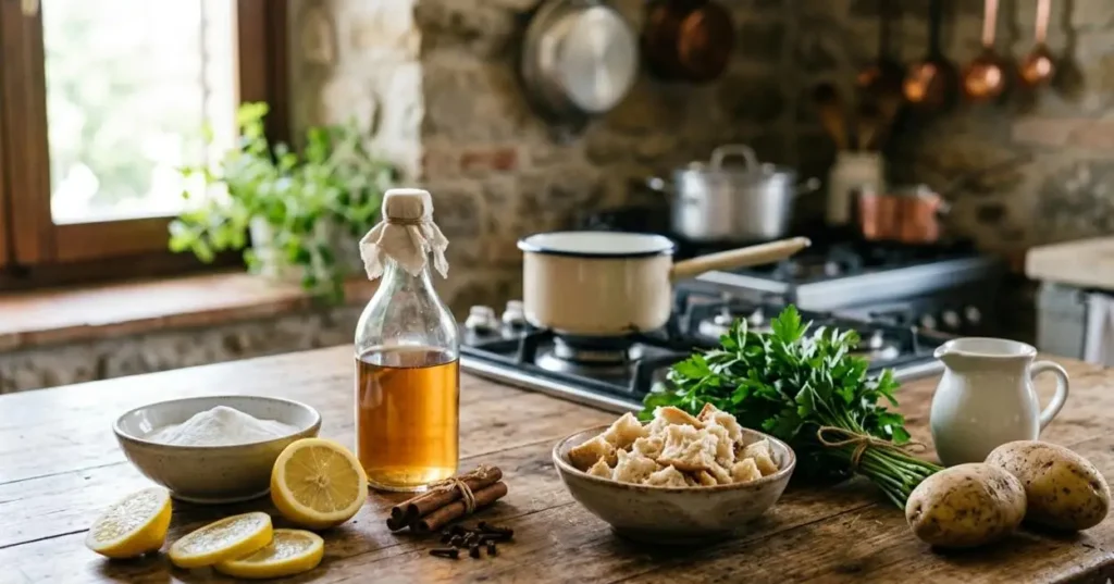 Ingredienti naturali sul tavolo di una cucina rustica per eliminare i cattivi odori: limone, bicarbonato, aceto, pane e patate.