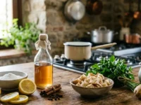 Ingredienti naturali sul tavolo di una cucina rustica per eliminare i cattivi odori: limone, bicarbonato, aceto, pane e patate.