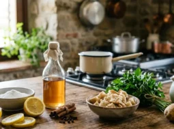 Ingredienti naturali sul tavolo di una cucina rustica per eliminare i cattivi odori: limone, bicarbonato, aceto, pane e patate.