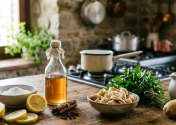 Ingredienti naturali sul tavolo di una cucina rustica per eliminare i cattivi odori: limone, bicarbonato, aceto, pane e patate.
