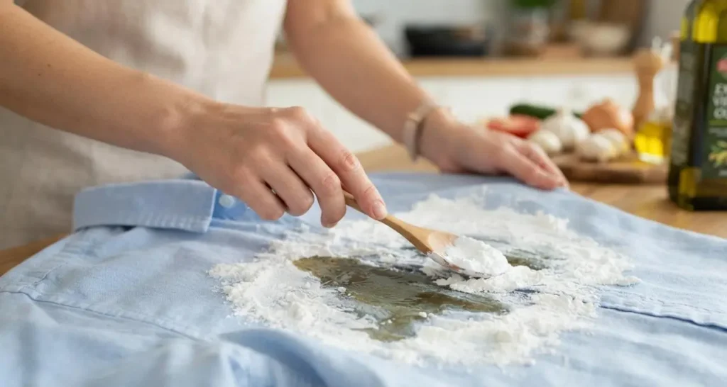 Come rimuovere le macchie d'olio dai vestiti con l'amido di mais Persona che applica l'amido di mais con un cucchiaio su una macchia d'olio in una camicia azzurra.