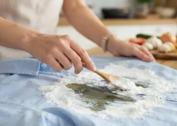 Persona che applica l'amido di mais con un cucchiaio su una macchia d'olio in una camicia azzurra.