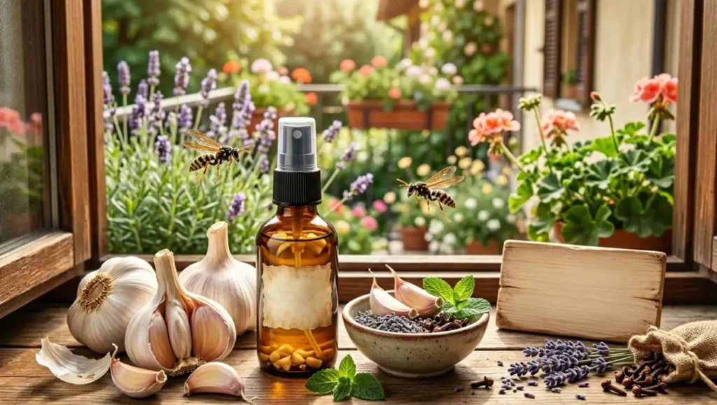 Aglio fresco, ingredienti naturali e uno spray repellente fai-da-te su un davanzale per allontanare le vespe da casa.