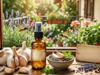 Aglio fresco, ingredienti naturali e uno spray repellente fai-da-te su un davanzale per allontanare le vespe da casa.