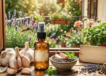 Aglio fresco, ingredienti naturali e uno spray repellente fai-da-te su un davanzale per allontanare le vespe da casa.