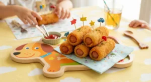 Rollini di wurstel croccanti e dorati serviti su un piatto colorato a misura di bambino, pronti da gustare