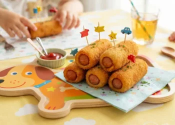 Rollini di wurstel croccanti e dorati serviti su un piatto colorato a misura di bambino, pronti da gustare
