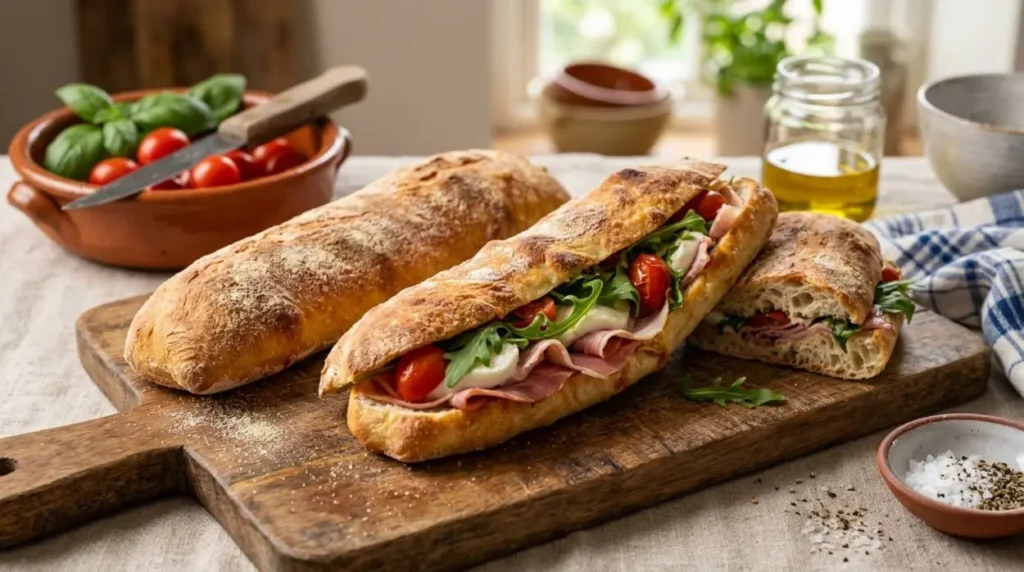 Saltimbocca Napoletano Fatto in Casa Saltimbocca napoletano farcito con prosciutto crudo, mozzarella e pomodorini su un tagliere in legno