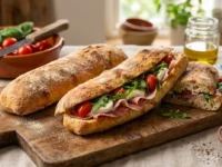 Saltimbocca napoletano farcito con prosciutto crudo, mozzarella e pomodorini su un tagliere in legno