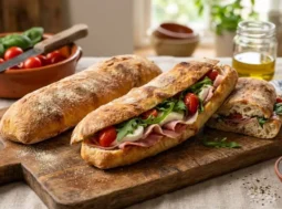 Saltimbocca Napoletano Fatto in Casa Saltimbocca napoletano farcito con prosciutto crudo, mozzarella e pomodorini su un tagliere in legno