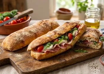 Saltimbocca Napoletano Fatto in Casa Saltimbocca napoletano farcito con prosciutto crudo, mozzarella e pomodorini su un tagliere in legno