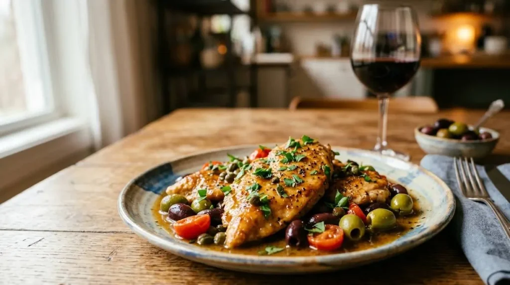 Scaloppine di pollo alle olive fatte in casa Piatto di scaloppine di pollo tenerissime con olive taggiasche e pomodorini servite su un tavolo in legno