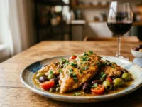 Piatto di scaloppine di pollo tenerissime con olive taggiasche e pomodorini servite su un tavolo in legno