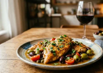 Scaloppine di pollo alle olive fatte in casa Piatto di scaloppine di pollo tenerissime con olive taggiasche e pomodorini servite su un tavolo in legno