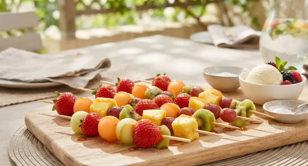 Spiedini di frutta caramellati pronti da servire Spiedini di frutta fresca caramellati disposti su un tagliere di legno, pronti per essere serviti come dessert estivo